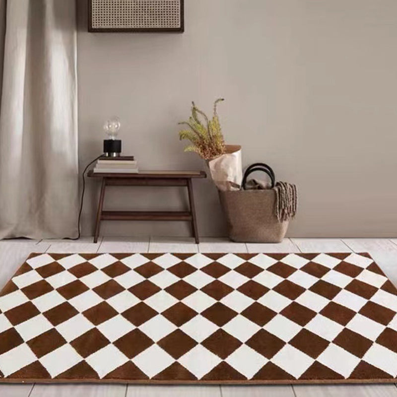 Brown Minimalist Area Rug Plaid Polyster Rug Non-Slip Backing Area Carpet for Bedroom