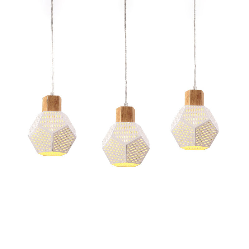 Iron Faceted Mesh Bottle Pendant Lamp Nordic 3-Bulb White and Wood Multi Light Ceiling Light over Table