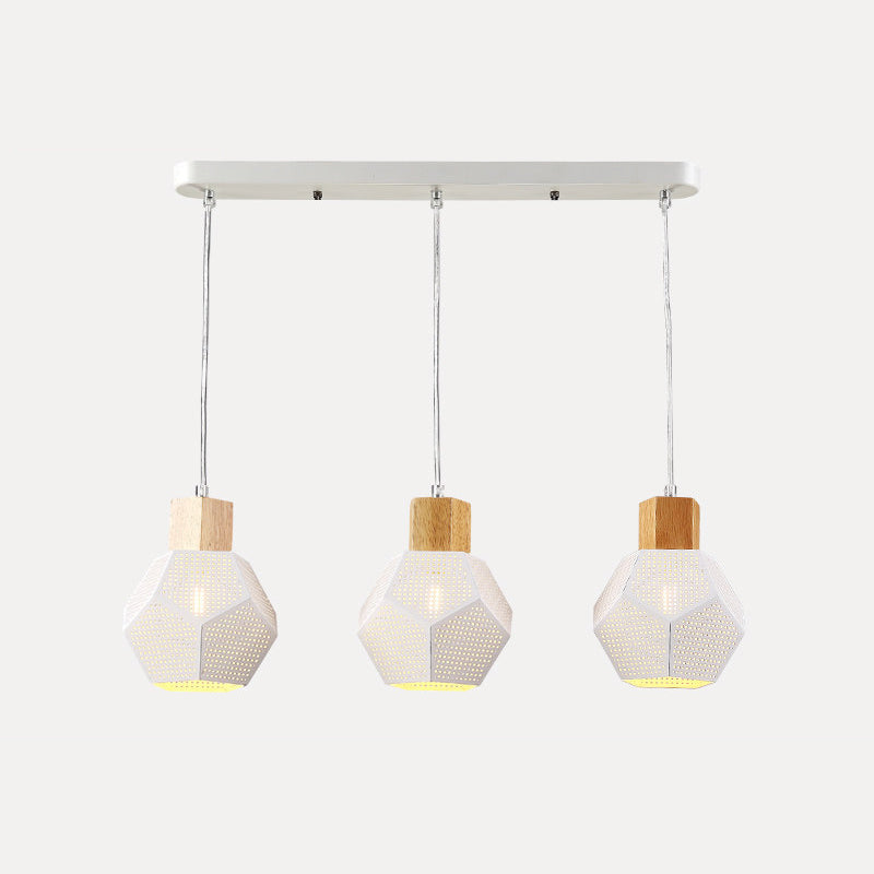Iron Faceted Mesh Bottle Pendant Lamp Nordic 3-Bulb White and Wood Multi Light Ceiling Light over Table