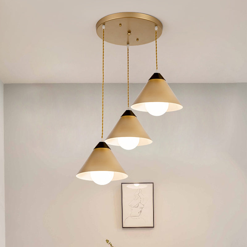 Conical Metal Multiple Hanging Light Postmodern 3 Heads Black and Gold Pendant Lamp with Round/Linear Canopy