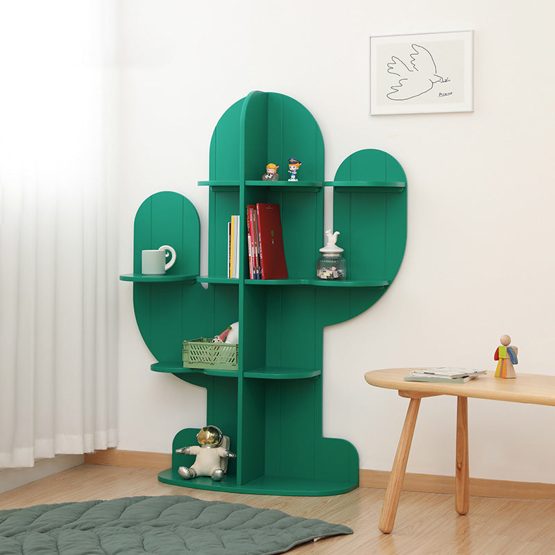 Green Book Shelf in Solid Wood Freestanding Cactus Shape Shelf Bookcase