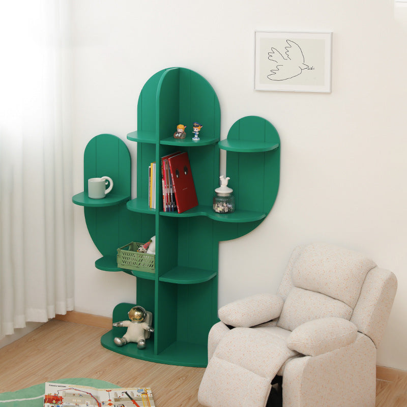 Green Book Shelf in Solid Wood Freestanding Cactus Shape Shelf Bookcase