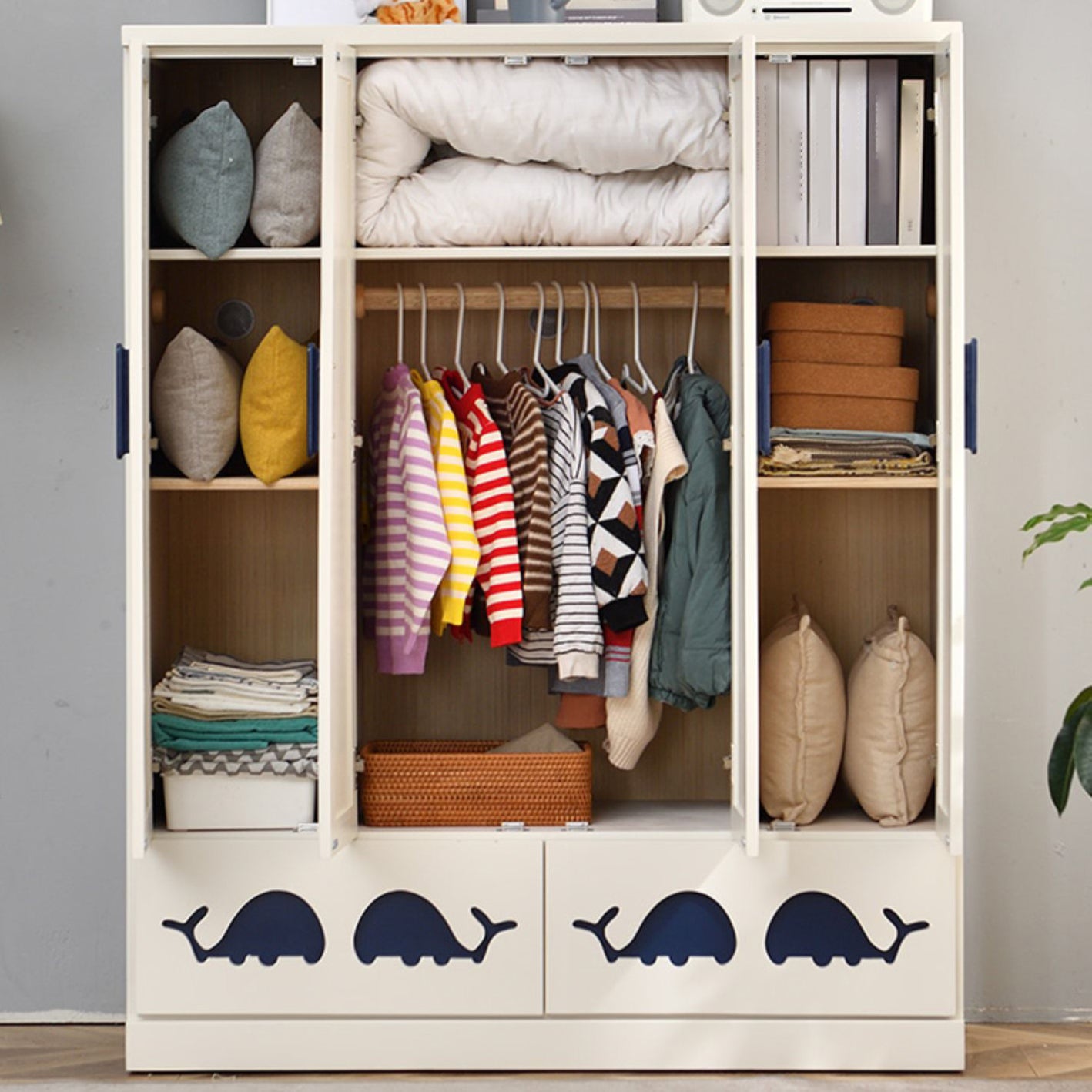 Solid Wood Kid's Wardrobe Modern Armoire Closet with Lower Storage Drawers