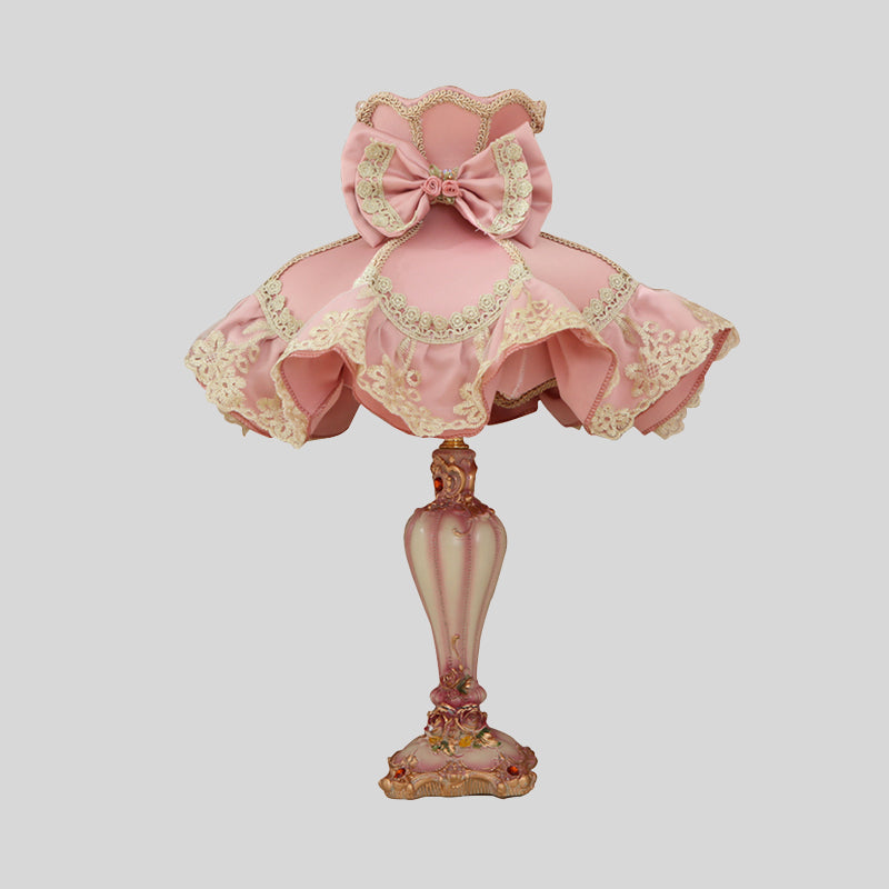 Pink Court Dress Nightstand Lamp Kids 1 Bulb Fabric Table Lighting with Lace Frill