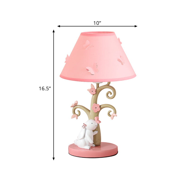 Kids Rabbit and Tree Table Lighting Resin Single Girl's Bedroom Night Light with Wide Cone Fabric Shade in Pink
