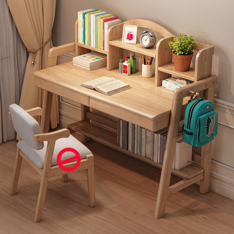 Solid Wood Kids Desk Writing Desk with 2 Drawers and 3 Shelves Set Bedroom