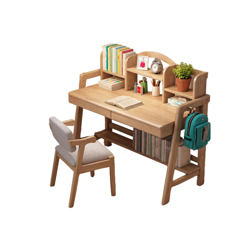 Solid Wood Kids Desk Writing Desk with 2 Drawers and 3 Shelves Set Bedroom