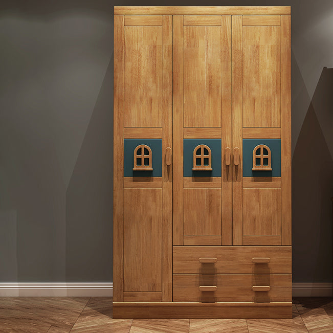 Rubber Wood Kid Wardrobe with Garment Rod and Lower Storage Drawers