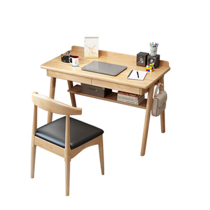 Writing Kids Desks and Chair Set with Shelf Solid Wood 2 Drawers Child Desks
