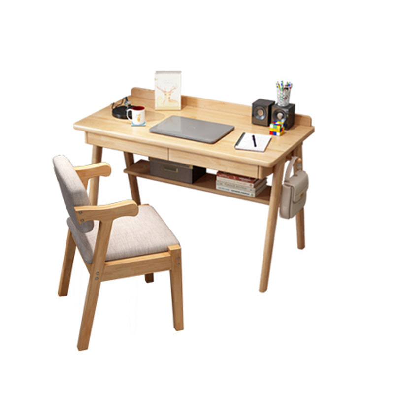 Writing Kids Desks and Chair Set with Shelf Solid Wood 2 Drawers Child Desks