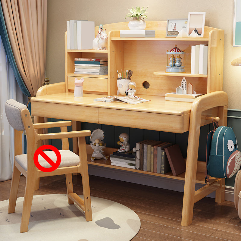 Solid Wood Writing Desk Kids Desks and Chair Set with Hutch Adjustable 2-Drawer Child Desk