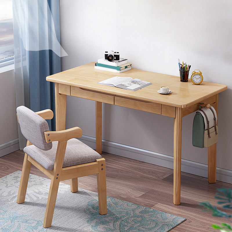 Writing Desk with 2 Drawers Solid Wood Kids Desks and Chair Set in Rubberwood