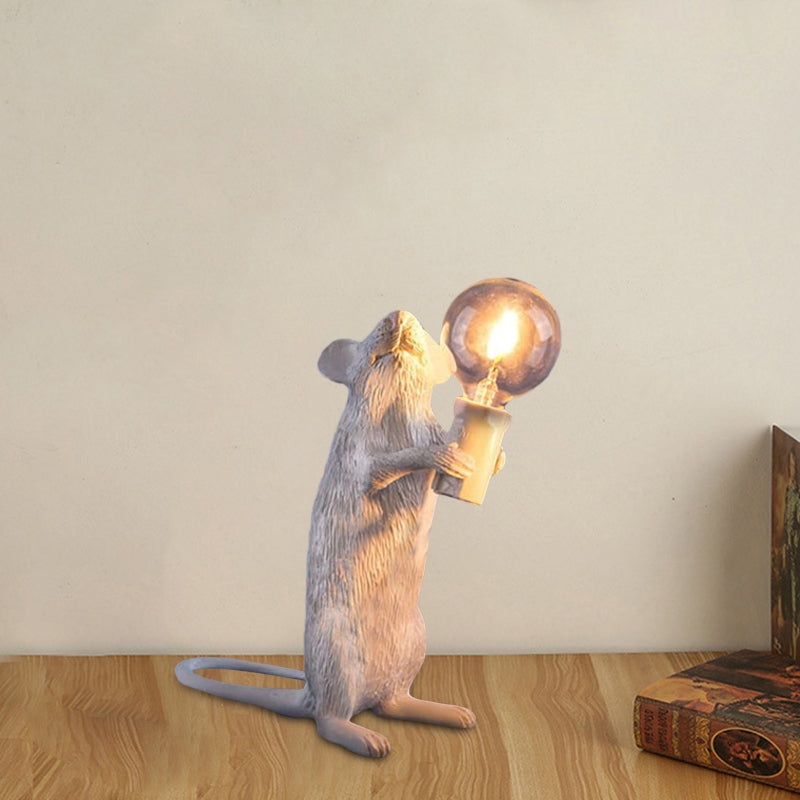 Resin Servant Mouse Night Light Kids Novelty 1 Bulb White Table Lighting for Bedside
