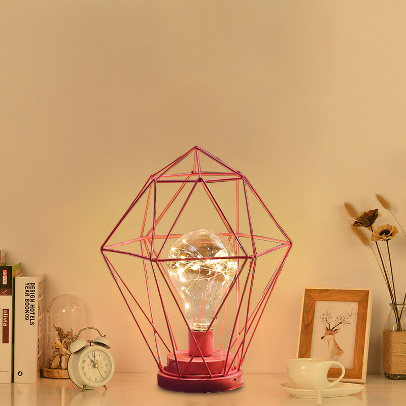 Macaron diamant/geometrisch nachtkastje lamp Iron Girl's Room Led Table Light in zwart/roze met gloedstouw binnenin