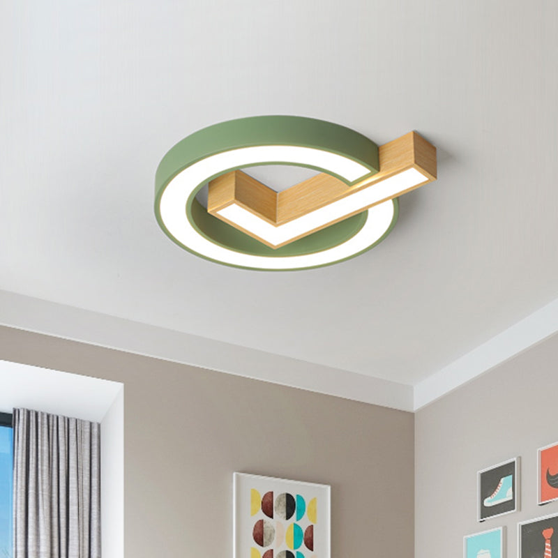 Kids Ticking Box Flush Ceiling Light Acrylic Kindergarten LED Flush Mount Lighting Fixture in Green/Grey-Wood