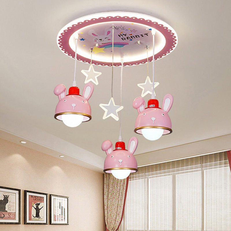 Happy Bunny Girl Bedroom Ceiling Lamp Resin 3 Bulbs Cartoon Flush Mount Fixture with Suspended Dome Shade in Pink
