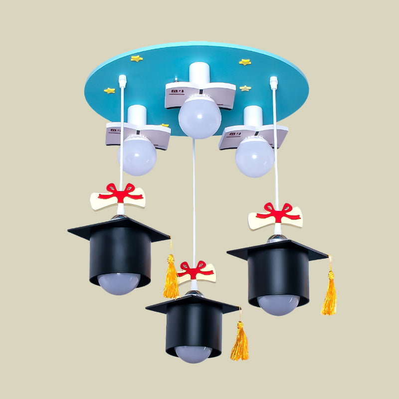 Plafonnier carré en résine à capuchon académique pour enfants, 3 lumières, lampe encastrée bleu clair pour chambre d'enfant