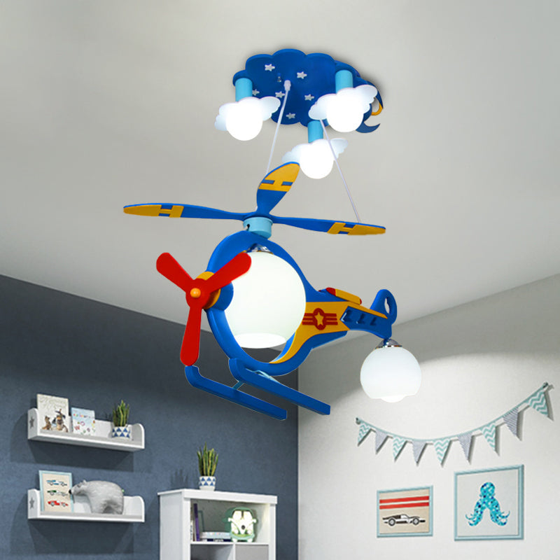 Copter Aircraft Boy's Room Ceiling Light Cream Glass 5-Light Kids Flush Mount Chandelier in Blue