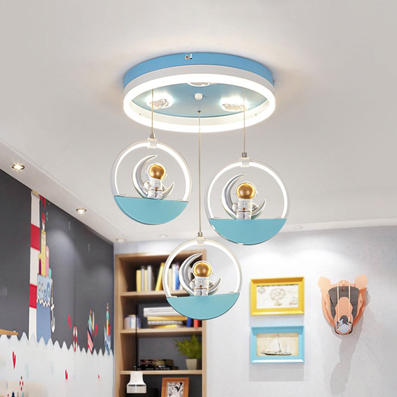 Kids Style 3-Bulb LED Flush Light Gold/Silver Draping Spaceman Sitting On The Moon Ceiling Mount Lamp with Acrylic Shade
