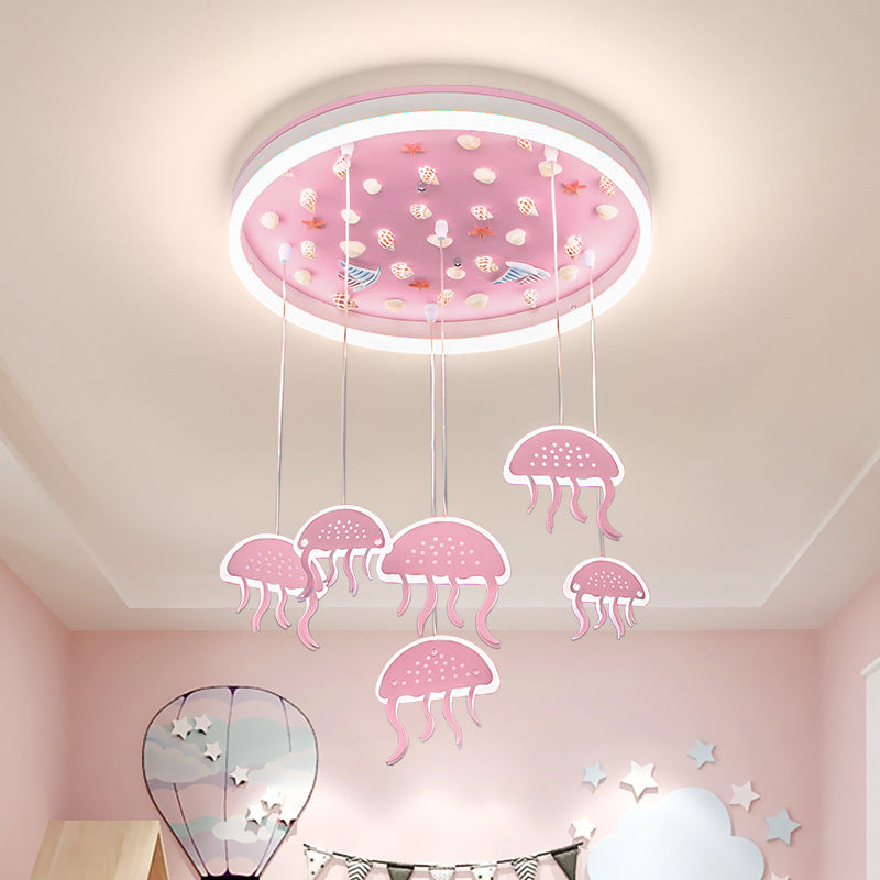 Kids Halo Ring Acrylic Flush Light LED Ceiling Mounted Lighting in Pink with Jellyfish Pendant and Seashell Decor
