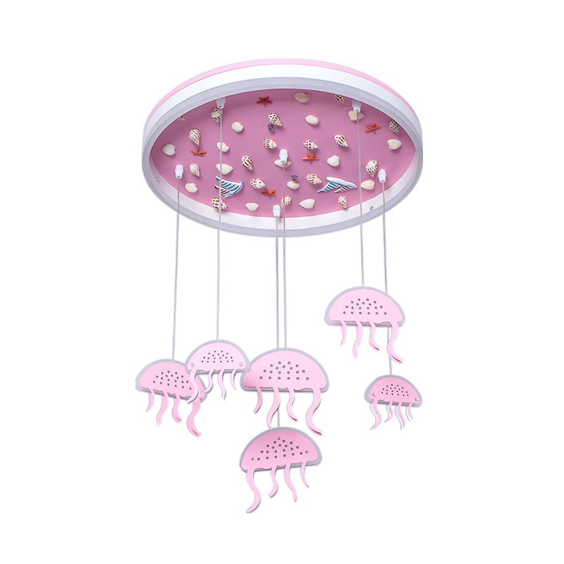 Kids Halo Ring Acrylic Flush Light LED Ceiling Mounted Lighting in Pink with Jellyfish Pendant and Seashell Decor