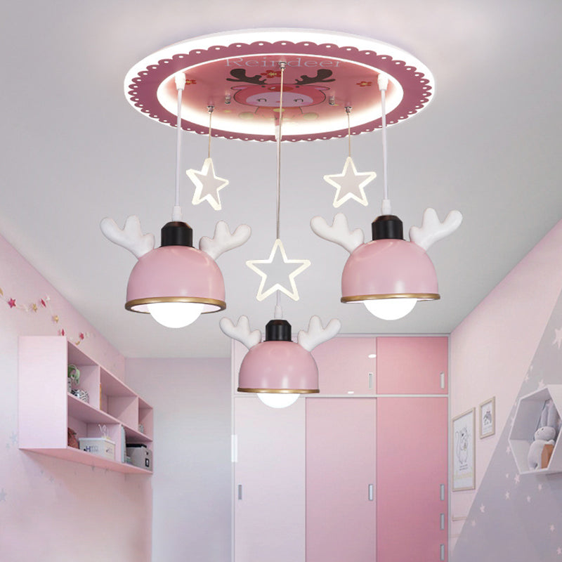 Cartoon Deer Resin Flush Mount Lamp 3 Bulbs Ceiling Lighting with Hanging Bowl Lampshade in Pink/Blue