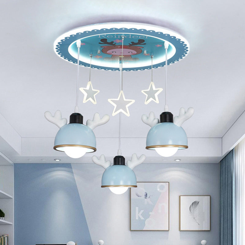 Cartoon Deer Resin Flush Mount Lamp 3 Bulbs Ceiling Lighting with Hanging Bowl Lampshade in Pink/Blue