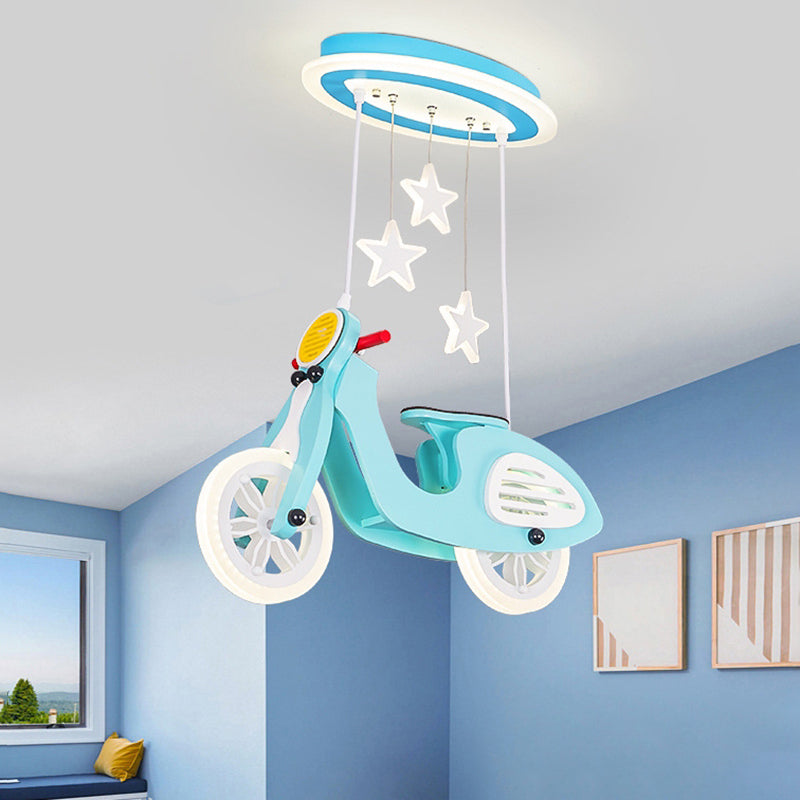 Wood Suspended Motorcycle Ceiling Light Cartoon Blue/Pink LED Flush Mount Lighting with Acrylic Shade