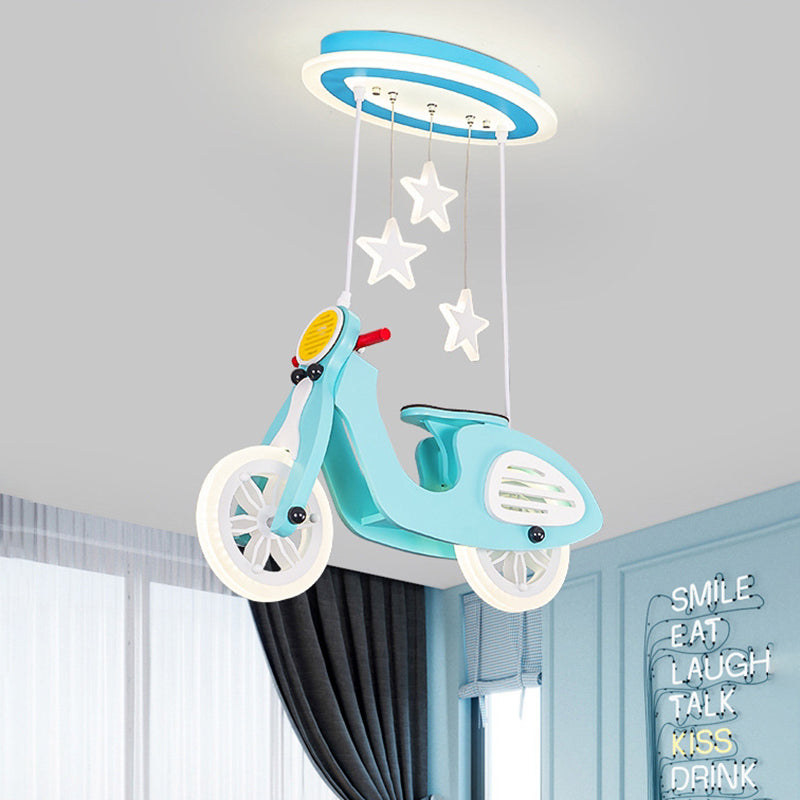 Wood Suspended Motorcycle Ceiling Light Cartoon Blue/Pink LED Flush Mount Lighting with Acrylic Shade