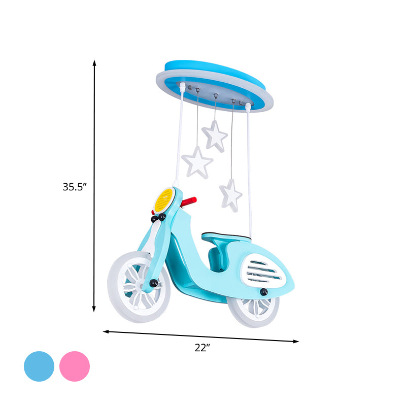 Wood Suspended Motorcycle Ceiling Light Cartoon Blue/Pink LED Flush Mount Lighting with Acrylic Shade