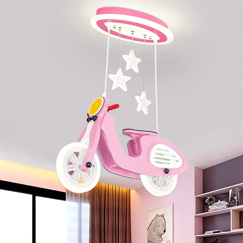 Wood Suspended Motorcycle Ceiling Light Cartoon Blue/Pink LED Flush Mount Lighting with Acrylic Shade