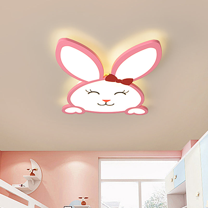 Kids Extra Thin Cheerful Bunny Flushmount Iron Nursery School LED Ceiling Flush Light in Pink
