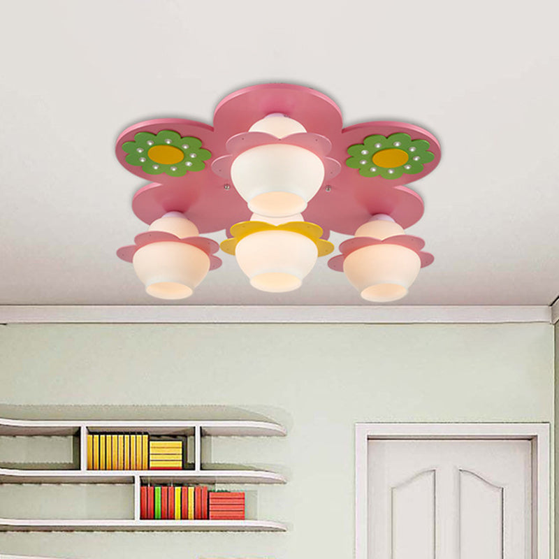 Hand-Worked Wood Blossom Flush Light Kids 4-Light Pink Ceiling Mount Fixture with Gourd Milky Glass Shade