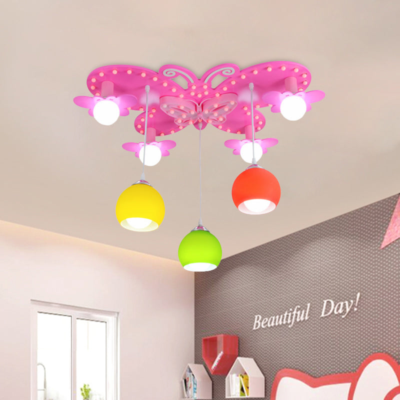 Colorful Glass Dome Flush Mount Lighting Kid 7 Heads Ceiling Mount Chandelier with Butterfly Canopy in Pink