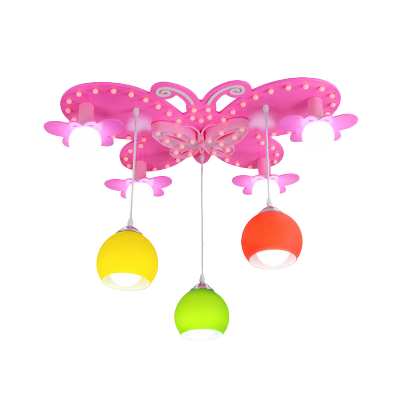 Verre de verre Colorant Éclairage Éclairage Kid 7 têtes Plafond du Mont Chandelier avec papillon Canopy en rose