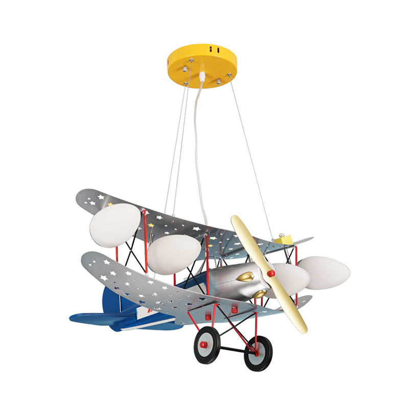 Iron Fighter Aircraft Hanging Light Kid 4-Bulb Blue Chandelier Lamp with Oval Ivory Glass Shade