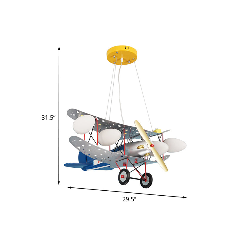 Iron Fighter Aircraft Hanging Light Kid 4-Bulb Blue Chandelier Lamp with Oval Ivory Glass Shade