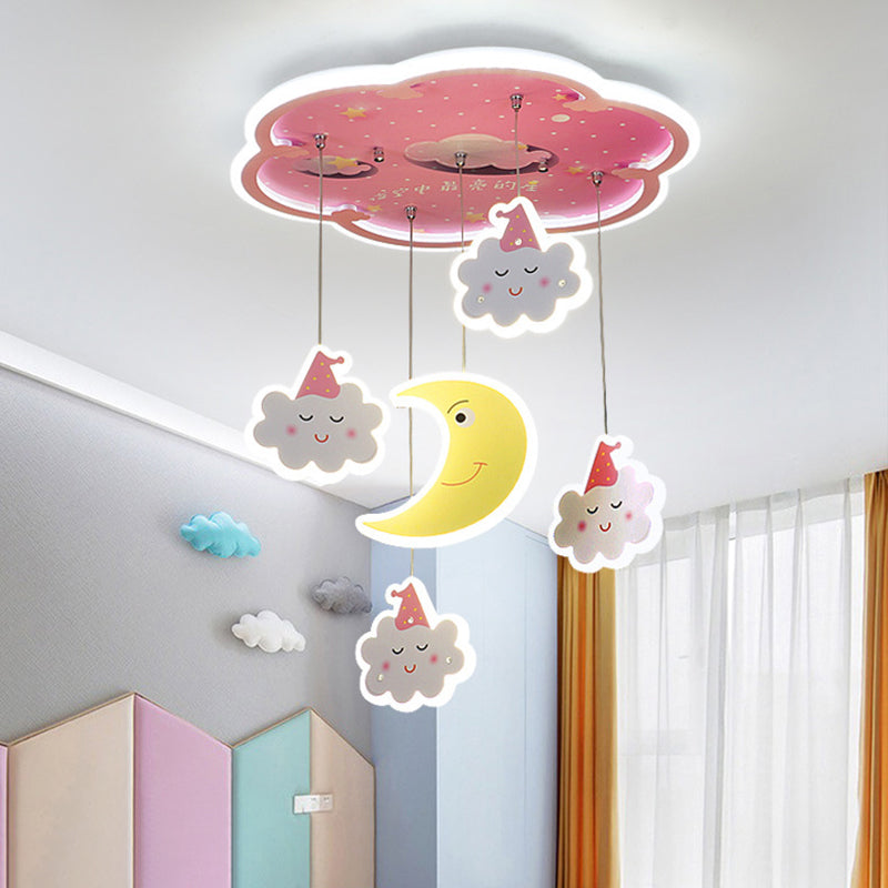 Pink Flower Flushmount Lighting Cartoon Acrylic LED Flush Mount Ceiling Fixture with Sleeping Cloud and Moon Drape