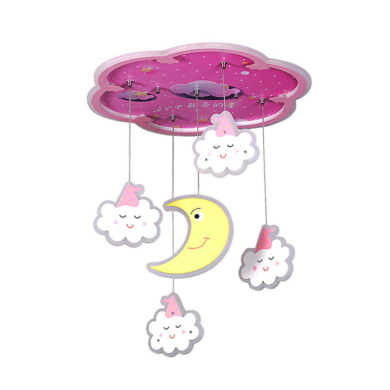 Pink Flower Flushmount Lighting Cartoon Acrylic LED Flush Mount Ceiling Fixture with Sleeping Cloud and Moon Drape