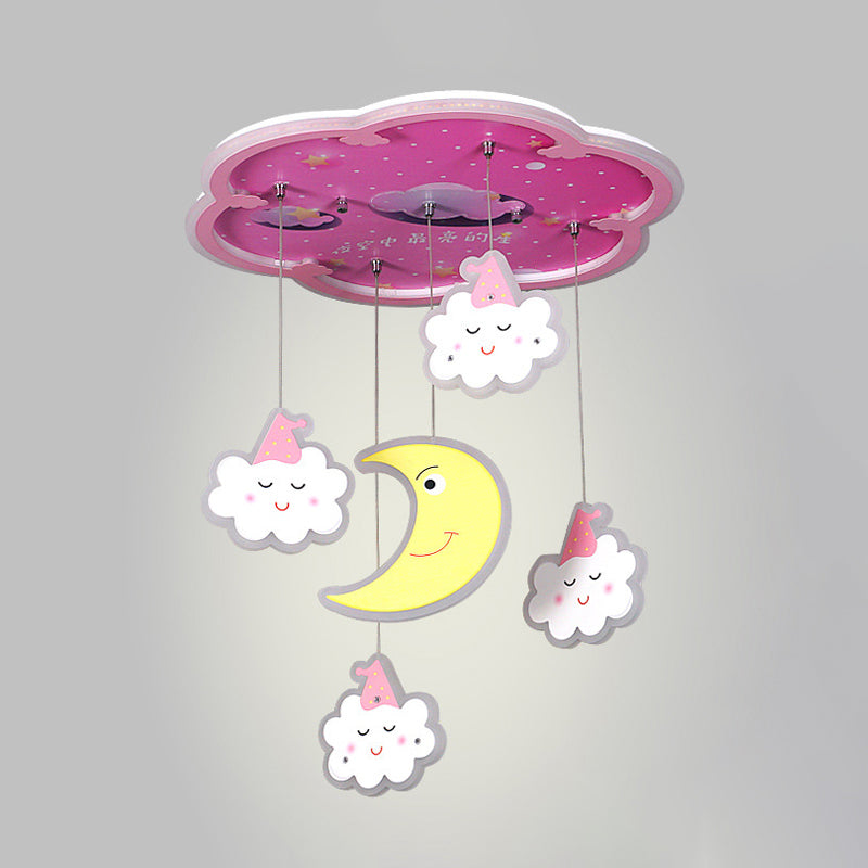 Pink Flower Flushmount Lighting Cartoon Acrylic LED Flush Mount Ceiling Fixture with Sleeping Cloud and Moon Drape