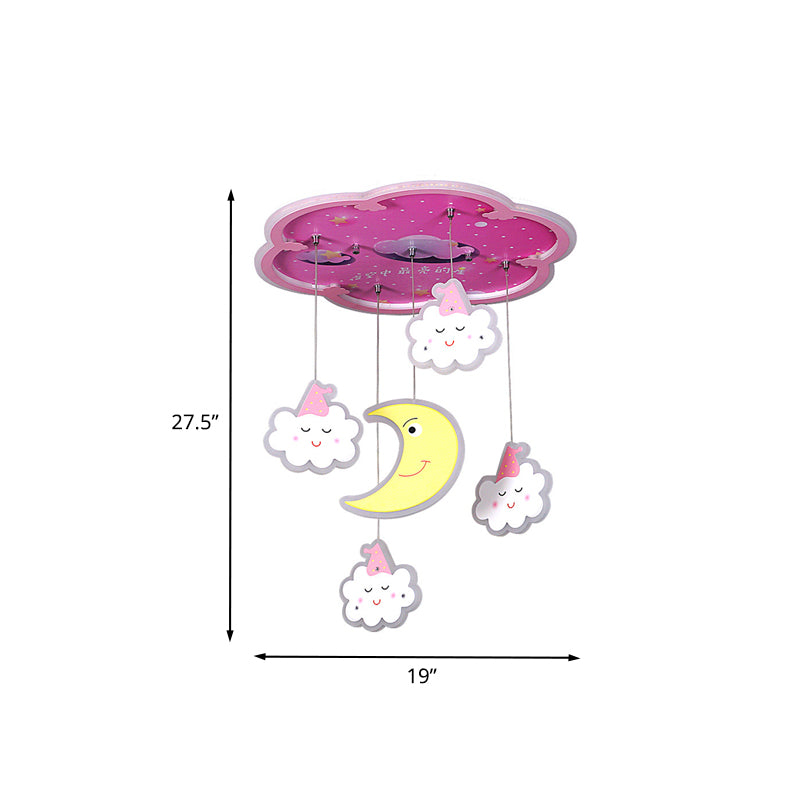 Pink Flower Flushmount Lighting Cartoon Acrylic LED Flush Mount Ceiling Fixture with Sleeping Cloud and Moon Drape