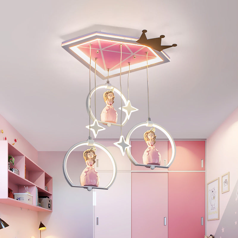 Cartoon LED Ceiling Flush Pink Diamond Flush Mount Light Fixture with Acrylic Shade and Draping Princess