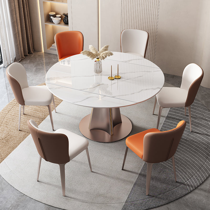 Modern White Round Extendable Dining Table with Metal Pedestal Base