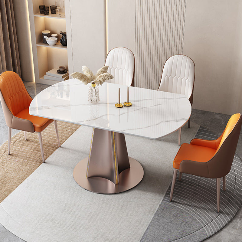Modern White Round Extendable Dining Table with Metal Pedestal Base