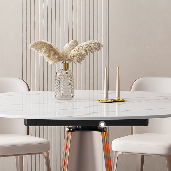 Modern White Round Extendable Dining Table with Metal Pedestal Base