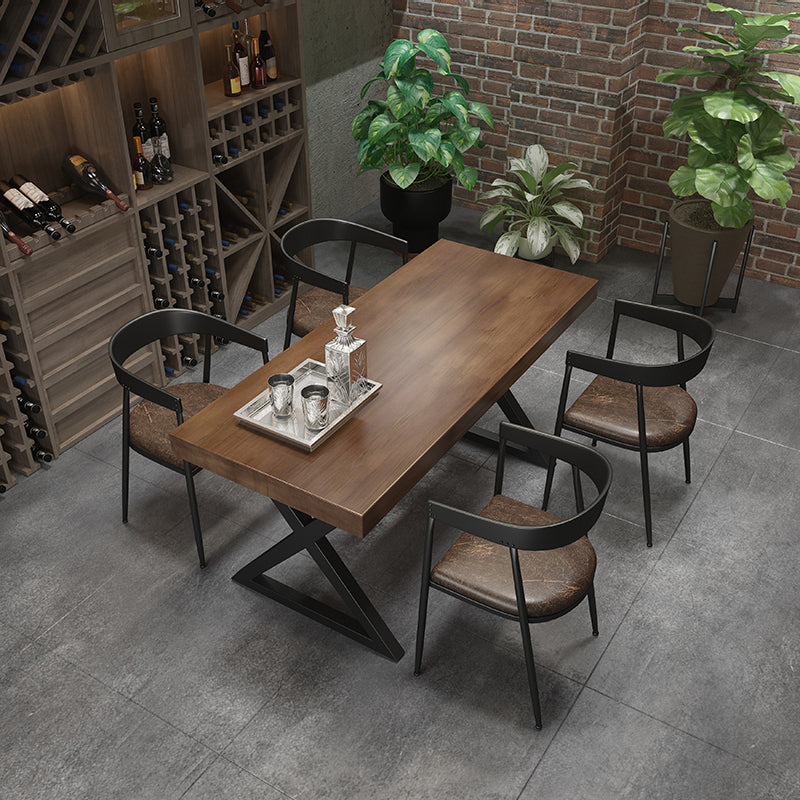 Industrial Style Rectangular Solid Wood Dining Table with Double Pedestal Iron Legs