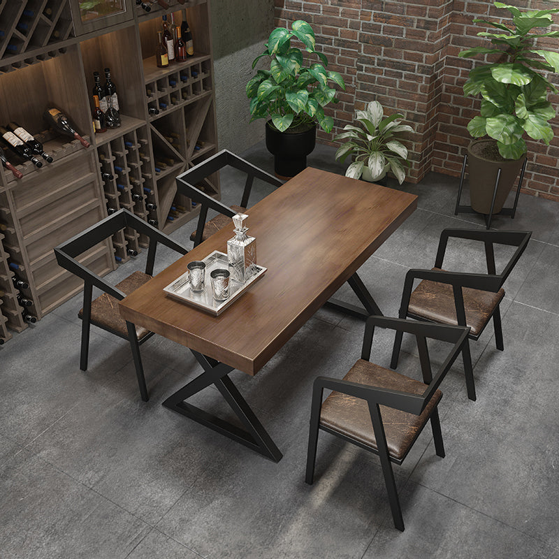 Industrial Style Rectangular Solid Wood Dining Table with Double Pedestal Iron Legs