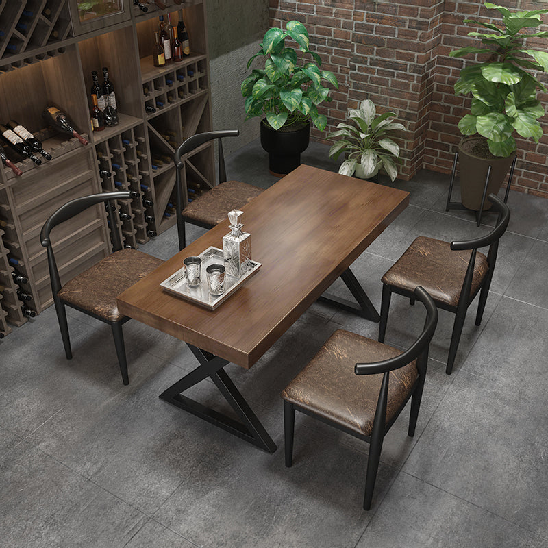 Industrial Style Rectangular Solid Wood Dining Table with Double Pedestal Iron Legs
