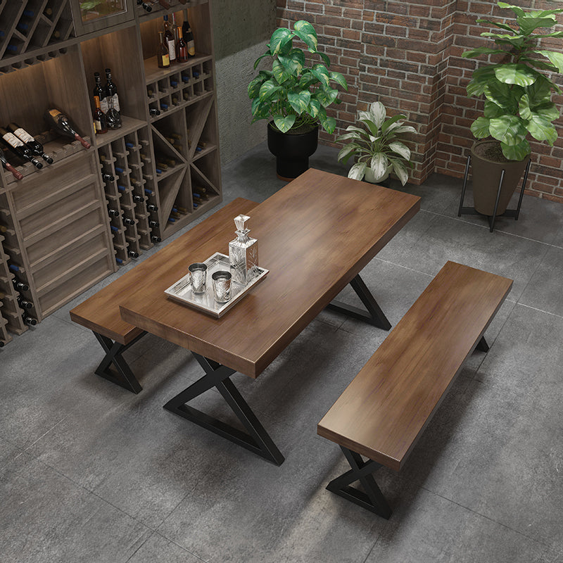 Industrial Style Rectangular Solid Wood Dining Table with Double Pedestal Iron Legs