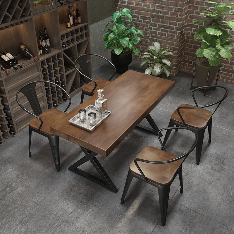 Industrial Style Rectangular Solid Wood Dining Table with Double Pedestal Iron Legs